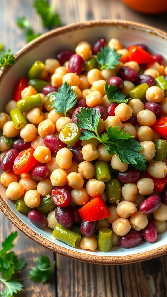 A colorful three bean salad with kidney beans, chickpeas, green beans, and bell peppers on a rustic table.